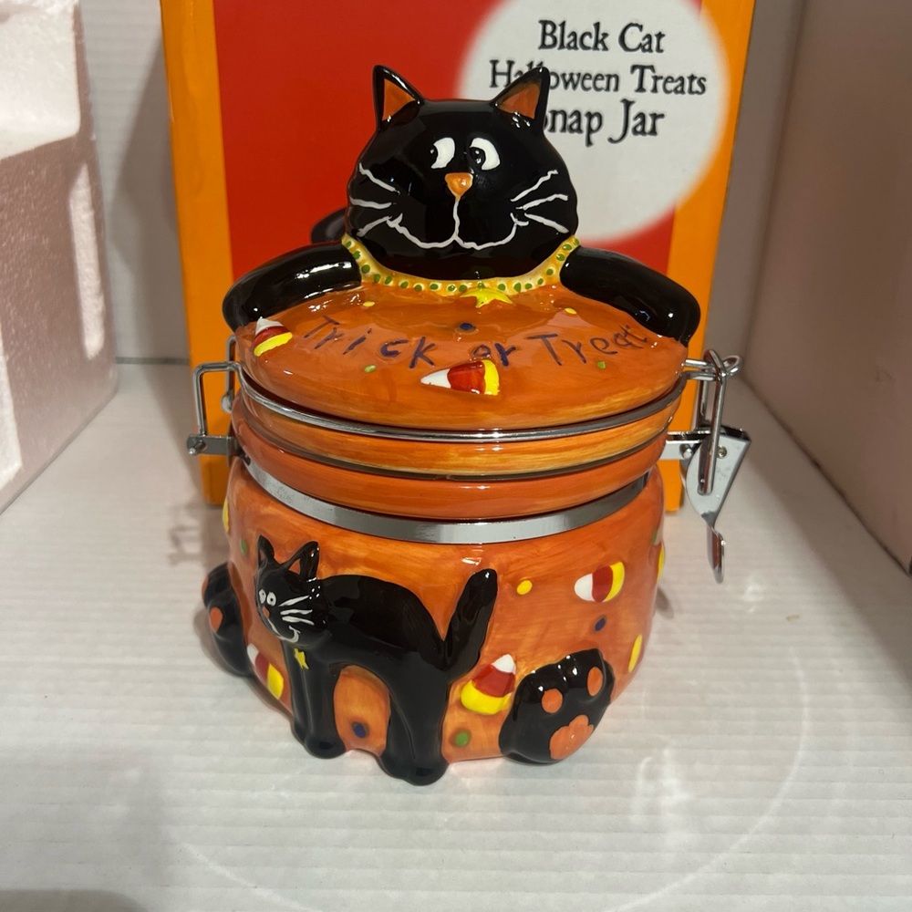VTG Halloween Black Cat Ceramic Snap Cookie Jar Holiday Kitchen Home Decor
